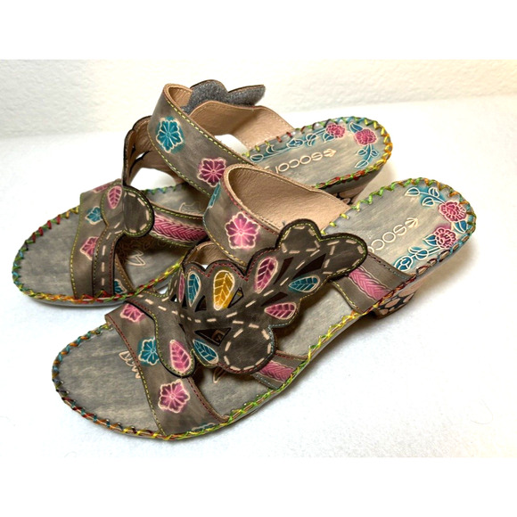 Socofy Wedge Sandals Detailed Cut-Out Leather Women's Sz 11 Retro Artsy - Picture 2 of 10